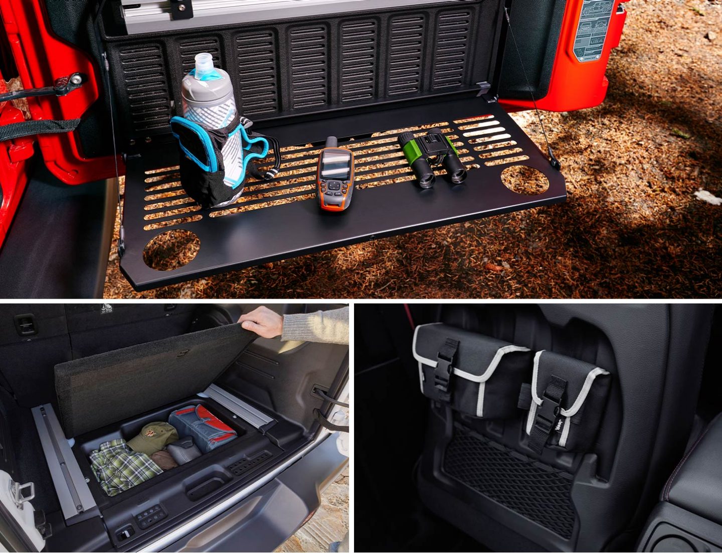 The Trail Rail system in the 2020 Jeep Wrangler with the drop-down table open. The rear storage compartment in the 2020 Jeep Wrangler packed with clothes and luggage. The seatback storage bins in the 2020 Jeep Wrangler.