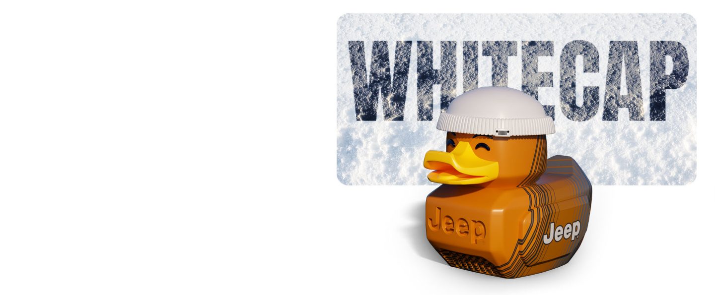 An orange Jeep duck with black curved stripes and a white ribbed beanie with a tiny seven-slot grille logo on the brim. Whitecap.