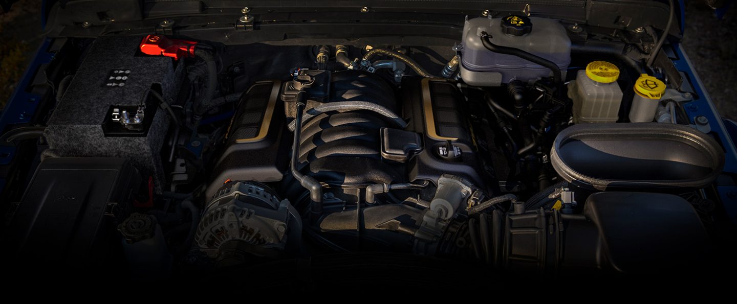 A look under the hood of the 2021 Jeep Wrangler Rubicon 392, showing the 6.4-liter V8 engine in the vehicle.